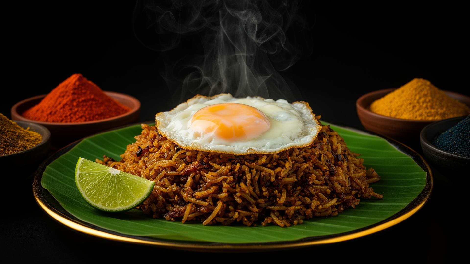 Steaming gourmet kothu roti on banana leaf